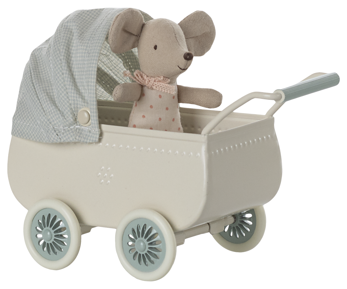 Pre-order Maileg Pram with baby mouse - Mint