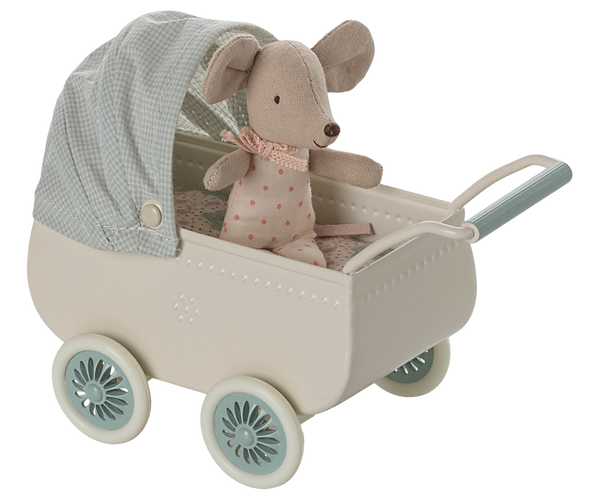 Pre-order Maileg Pram with baby mouse - Mint