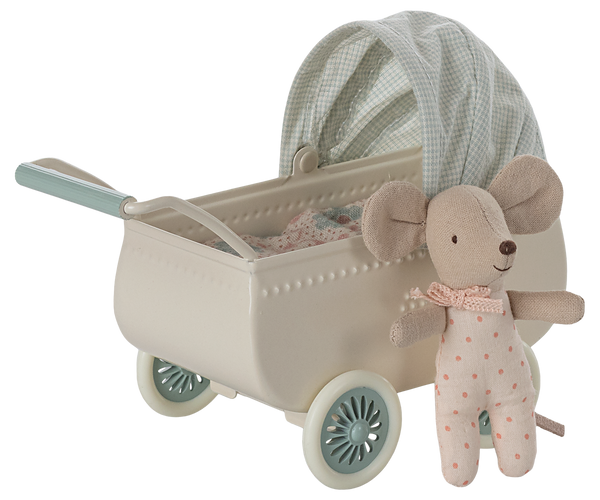 Pre-order Maileg Pram with baby mouse - Mint