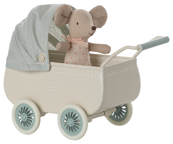 Pre-order Maileg Pram with baby mouse - Mint