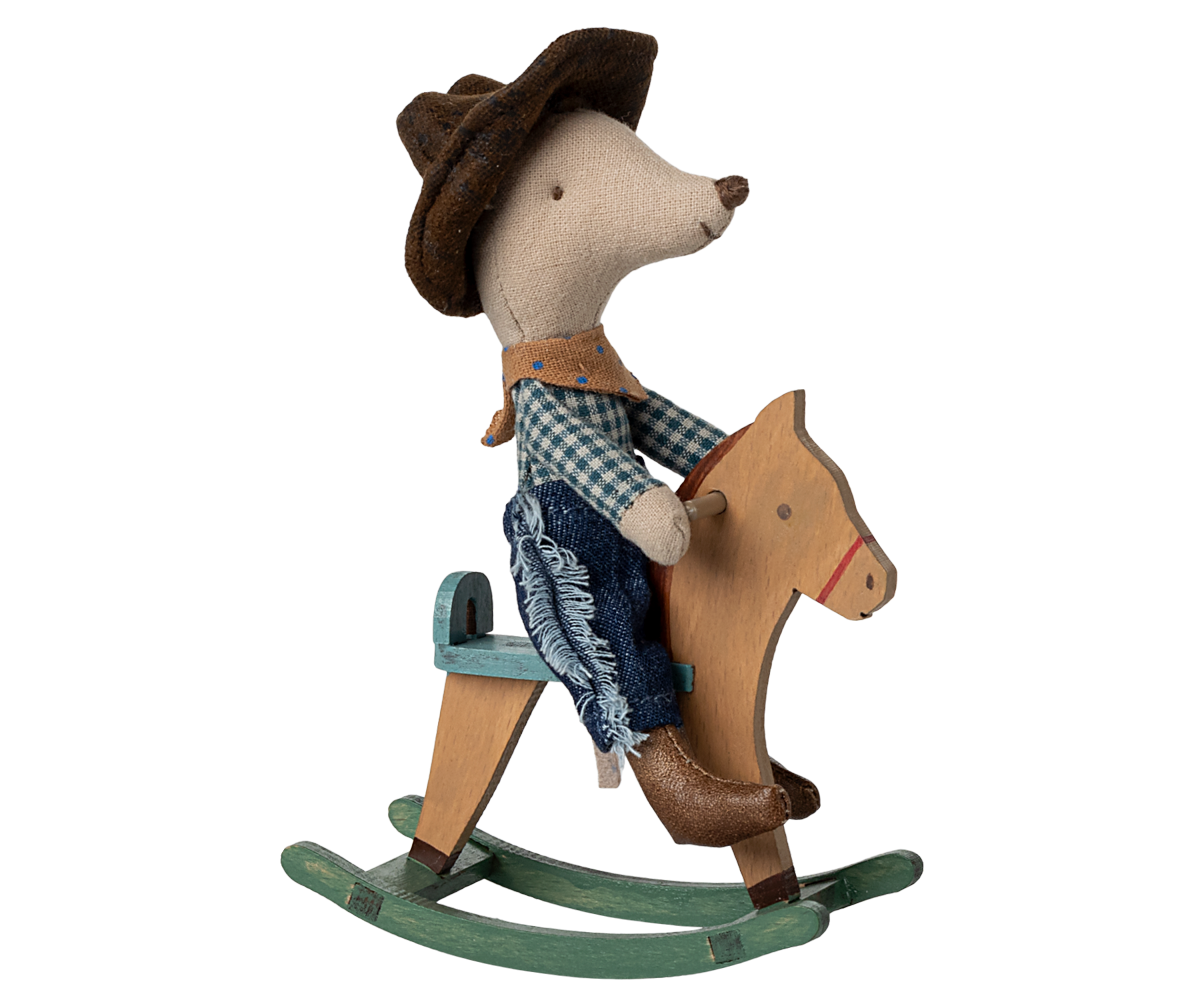 Pre-order Maileg Cowboy mouse on rocking horse, Little brother