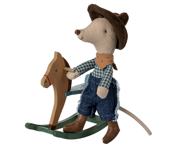 Pre-order Maileg Cowboy mouse on rocking horse, Little brother