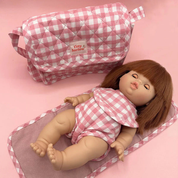 Tiny Harlow complete feeding essentials doll gift set blush gingham