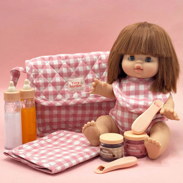 Tiny Harlow complete feeding essentials doll gift set blush gingham