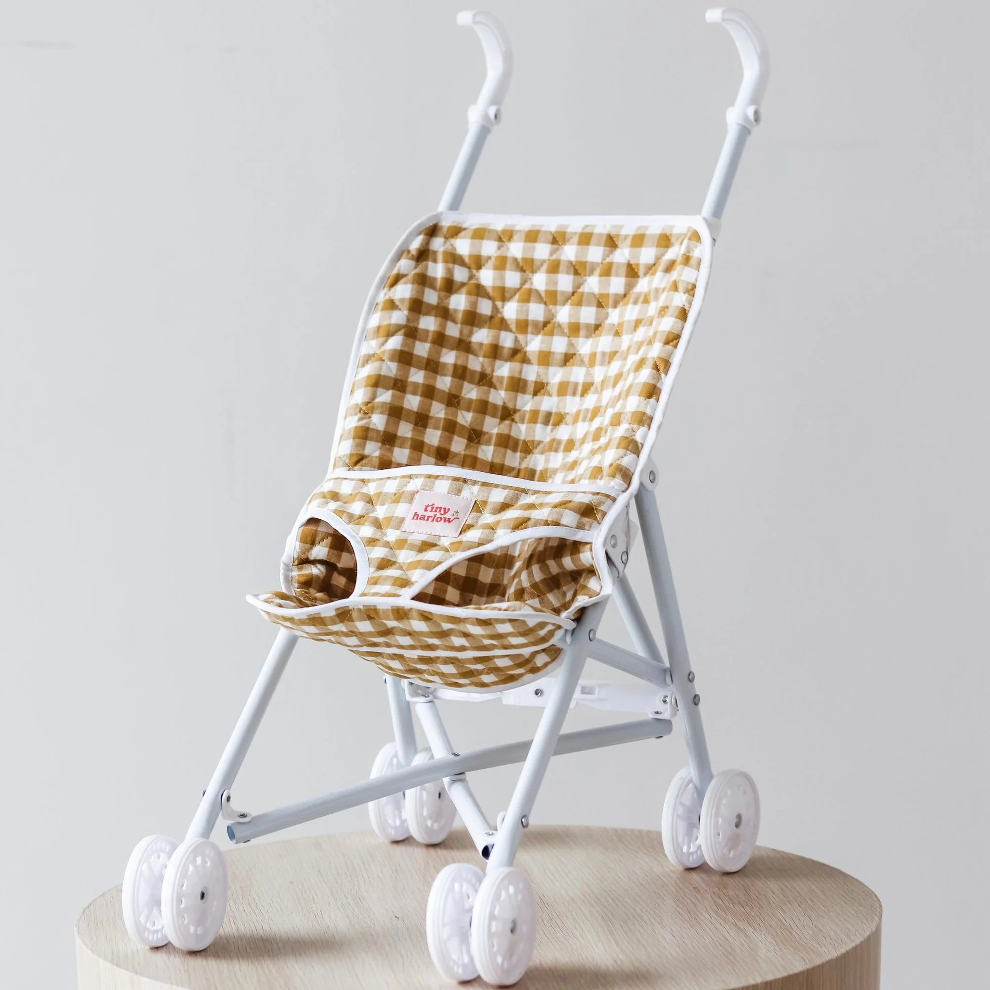 Tiny Harlow mustard gingham doll stroller