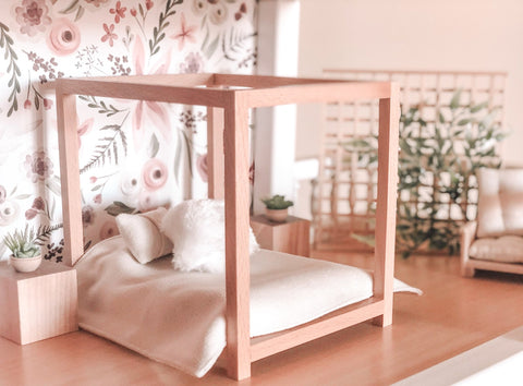 Mouse Sized Four Poster Bed + Mattress | Natural Wood by Macy Mae Dollhouse