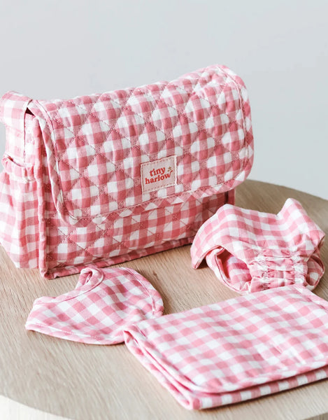 Tiny Harlow complete feeding essentials doll gift set blush gingham